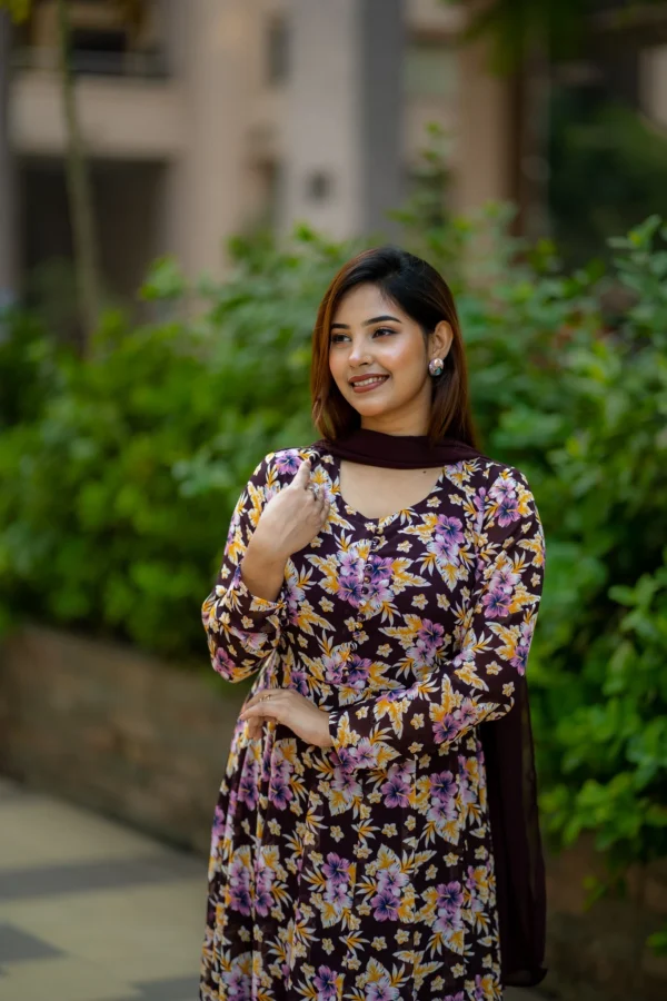 Floral Grace – Soft Georgette Printed Gown with Dupatta(Coffee) - Image 2