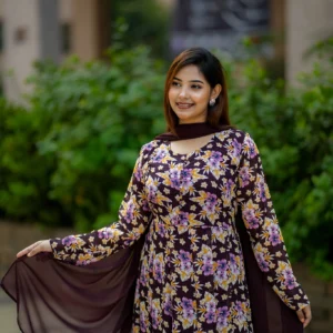 Floral Grace – Soft Georgette Printed Gown with Dupatta(Coffee)
