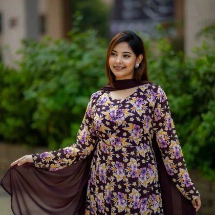 Floral Grace – Soft Georgette Printed Gown with Dupatta(Coffee)
