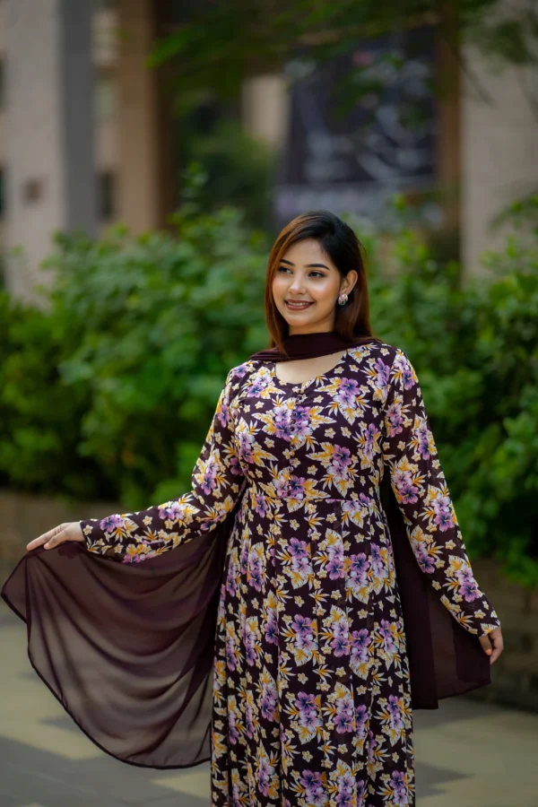 Floral Grace – Soft Georgette Printed Gown with Dupatta(Coffee)