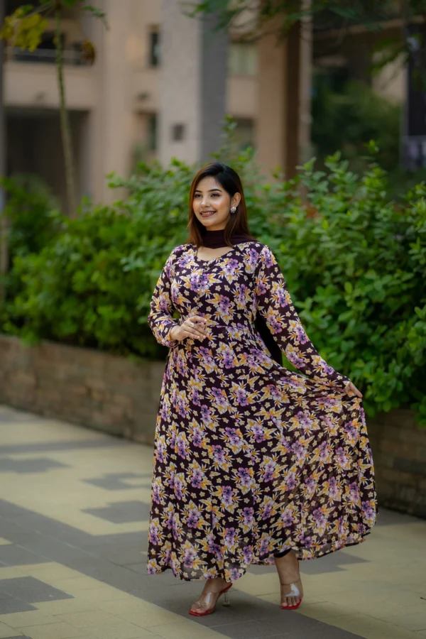 Floral Grace – Soft Georgette Printed Gown with Dupatta(Coffee) - Image 3