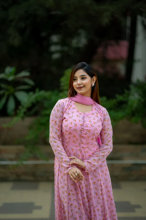Floral Grace – Soft Georgette Printed Gown with Dupatta(Baby Pink ) - Image 2