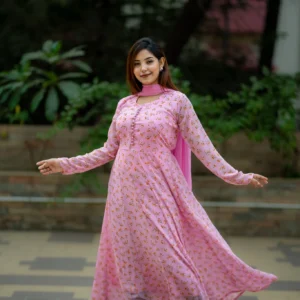 Floral Grace – Soft Georgette Printed Gown with Dupatta(Baby Pink )
