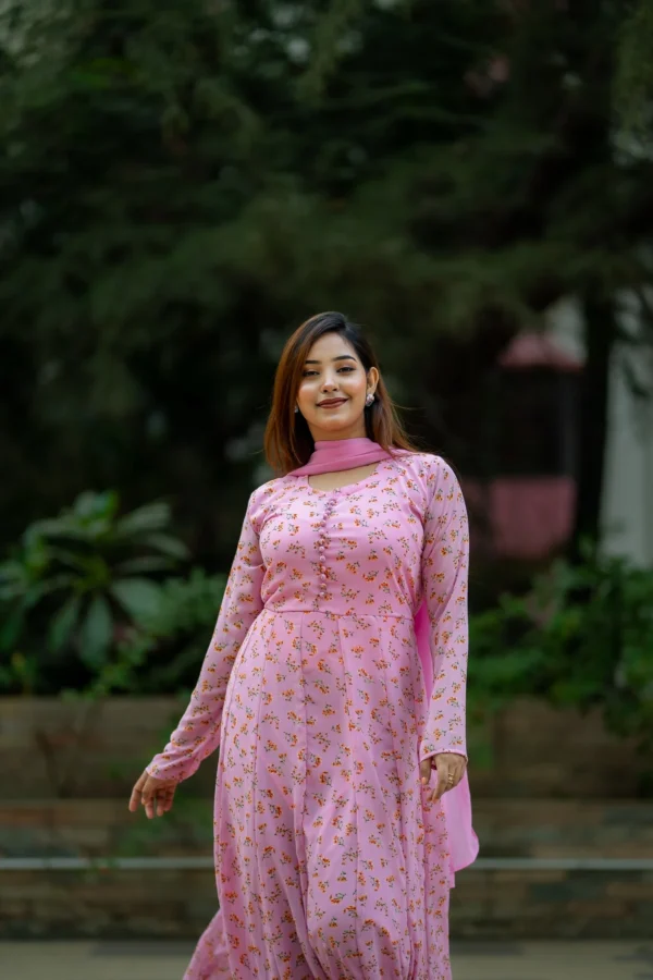 Floral Grace – Soft Georgette Printed Gown with Dupatta(Baby Pink ) - Image 3