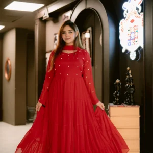 Radiant Charm – Luxury Red Anarkali with Stone Detailing