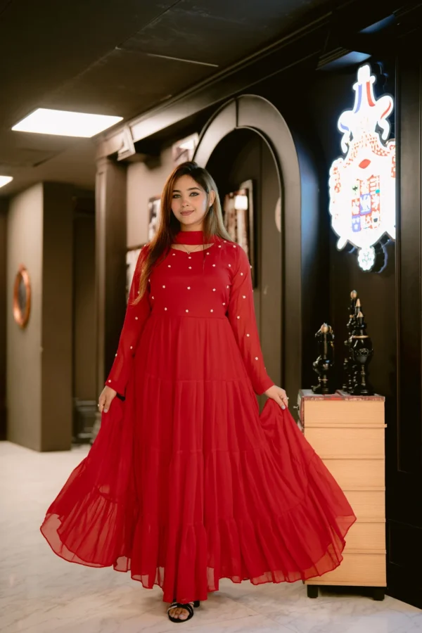Radiant Charm – Luxury Red Anarkali with Stone Detailing