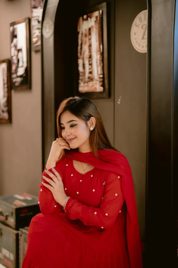 Radiant Charm – Luxury Red Anarkali with Stone Detailing - Image 3