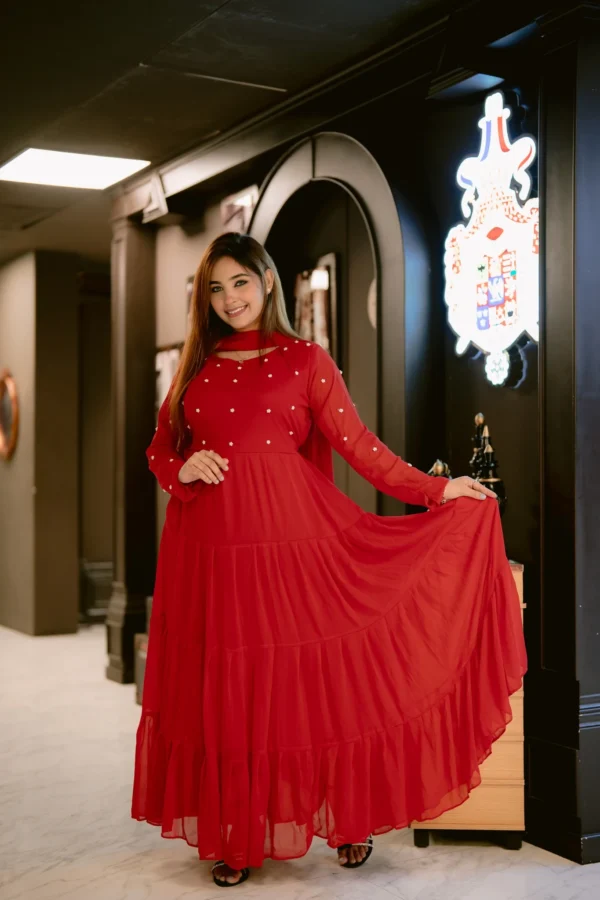 Radiant Charm – Luxury Red Anarkali with Stone Detailing - Image 2