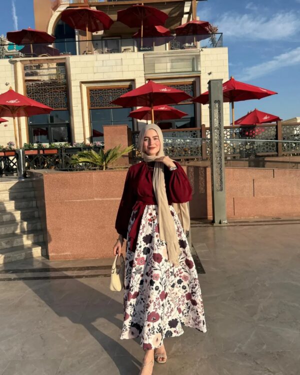 Elegant Maroon-Floral Maxi Skirt-Top Set - Image 3