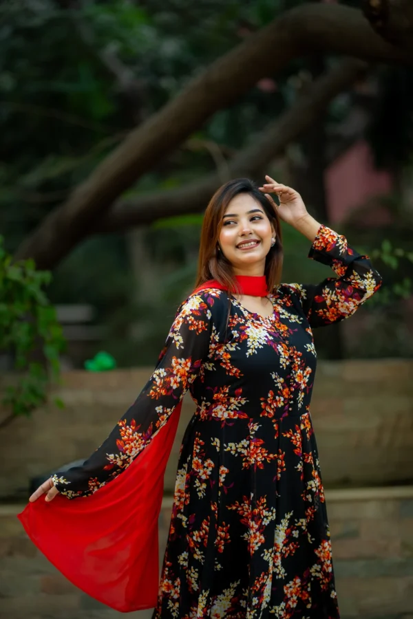 Floral Grace – Soft Georgette Printed Gown with Dupatta(Black) - Image 2
