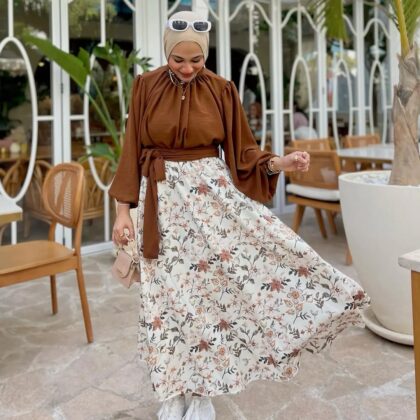 Elegant Coffee-Floral Maxi Skirt-Top Set