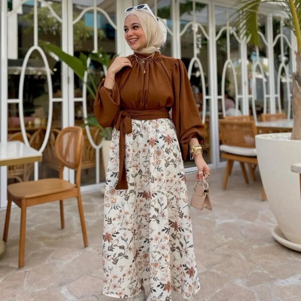 Elegant Coffee-Floral Maxi Skirt-Top Set - Image 3