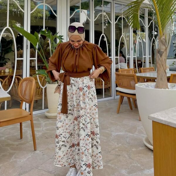 Elegant Coffee-Floral Maxi Skirt-Top Set - Image 4