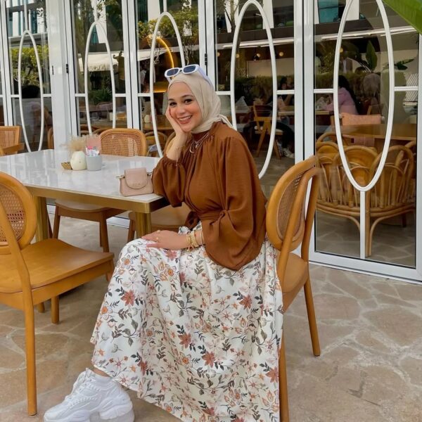 Elegant Coffee-Floral Maxi Skirt-Top Set - Image 2
