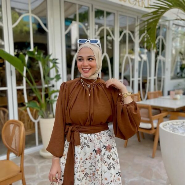 Elegant Coffee-Floral Maxi Skirt-Top Set - Image 5