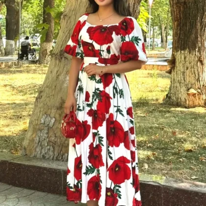 Red Hibiscus Floral Desire Semi Long Gown