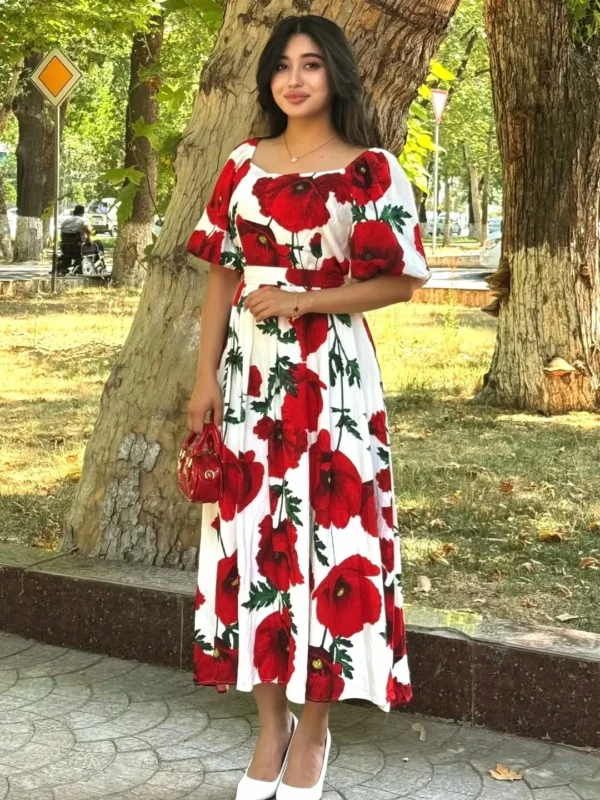 Red Hibiscus Floral Desire Semi Long Gown