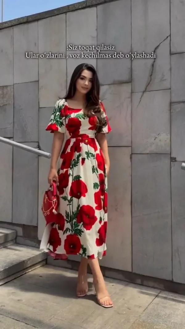 Red Hibiscus Floral Desire Semi Long Gown - Image 5