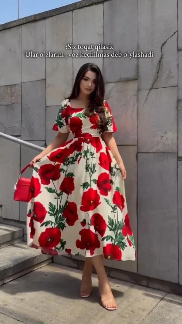 Red Hibiscus Floral Desire Semi Long Gown - Image 4