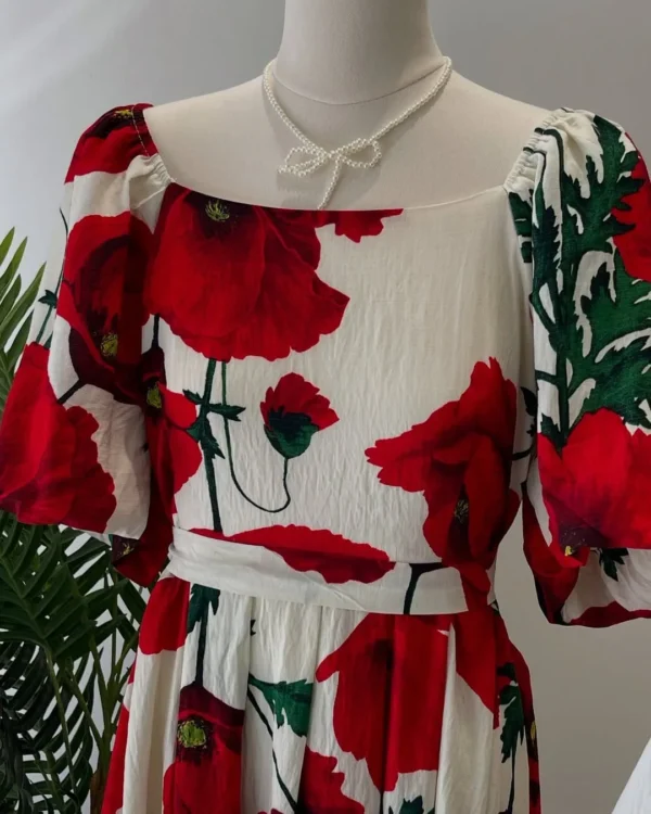Red Hibiscus Floral Desire Semi Long Gown - Image 3