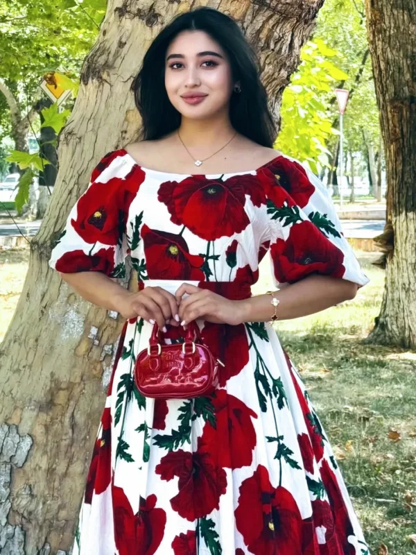 Red Hibiscus Floral Desire Semi Long Gown - Image 2